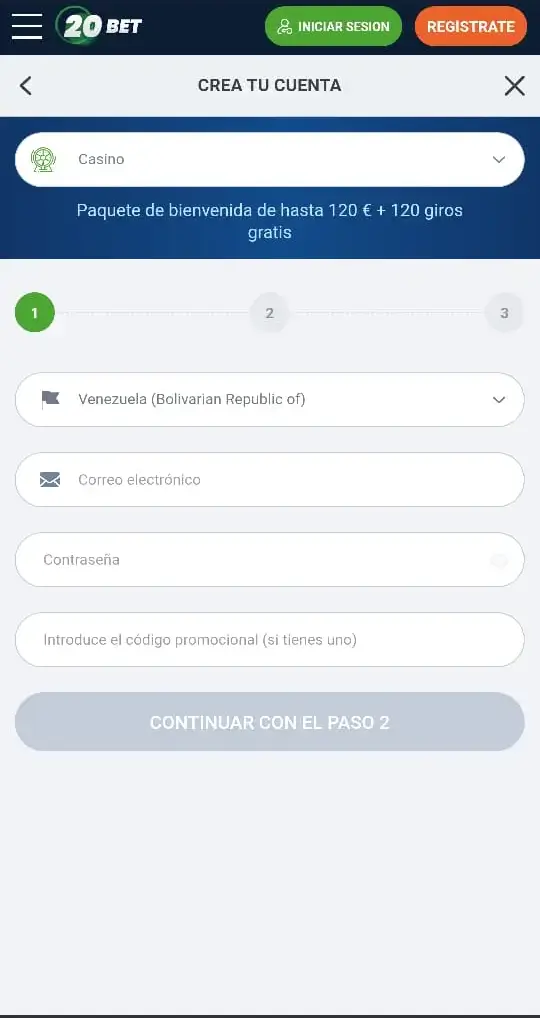 Primer paso para registrarse en 20bet