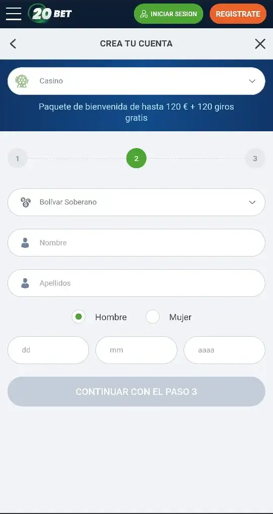 Segundo paso para registrarse en 20bet