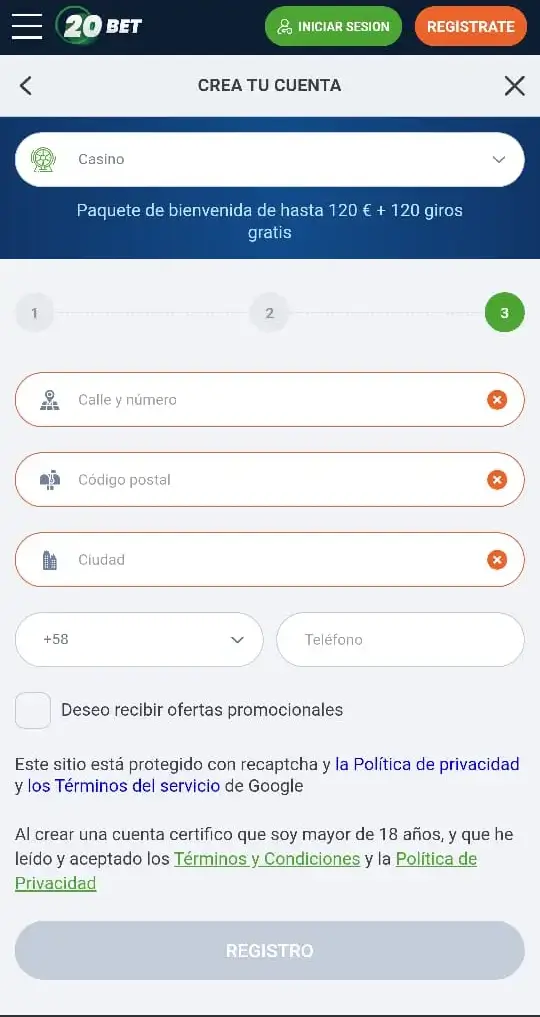 Tercer paso para registrarse en 20bet