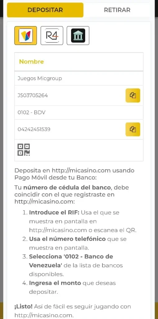 Depósito con Pago Móvil en casinos online 1